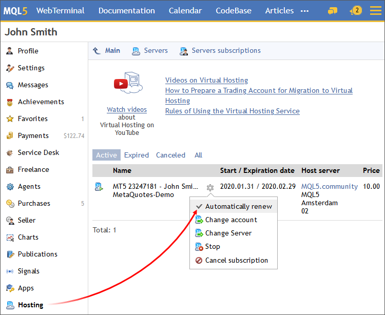 Automated renewal can be managed from the Hosting section of the MQL5.community profile